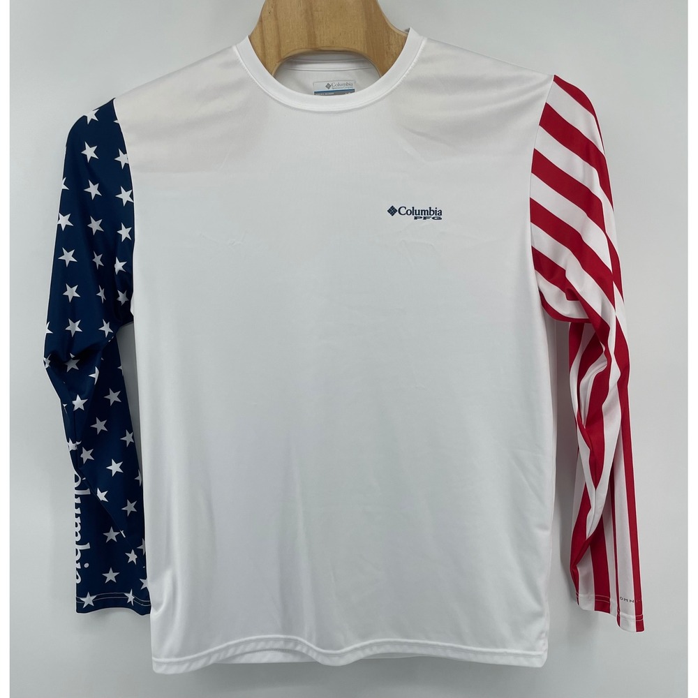 Columbia PFG Shirt Mens Lg White USA Long Sleeve Performance Fishing Omni Shade